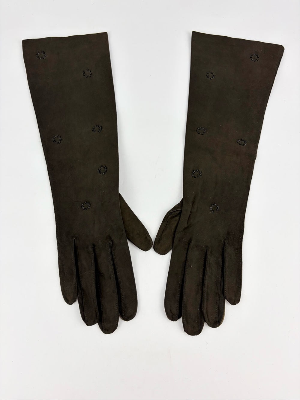 VTG 40s 50s Bloomingdale’s French Kid Suede Leather Beaded Brown Hand Gloves 7.5